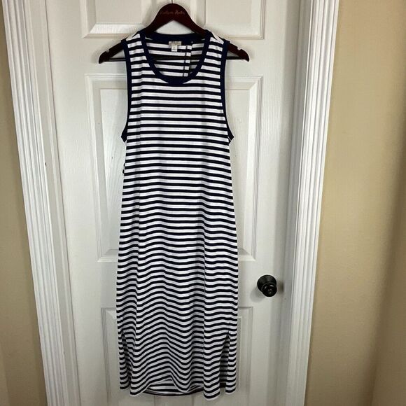 New J Crew Women Sz L Navy White Striped Dress Back Tie Sleeveless Knit Midi R3 - Picture 2 of 11
